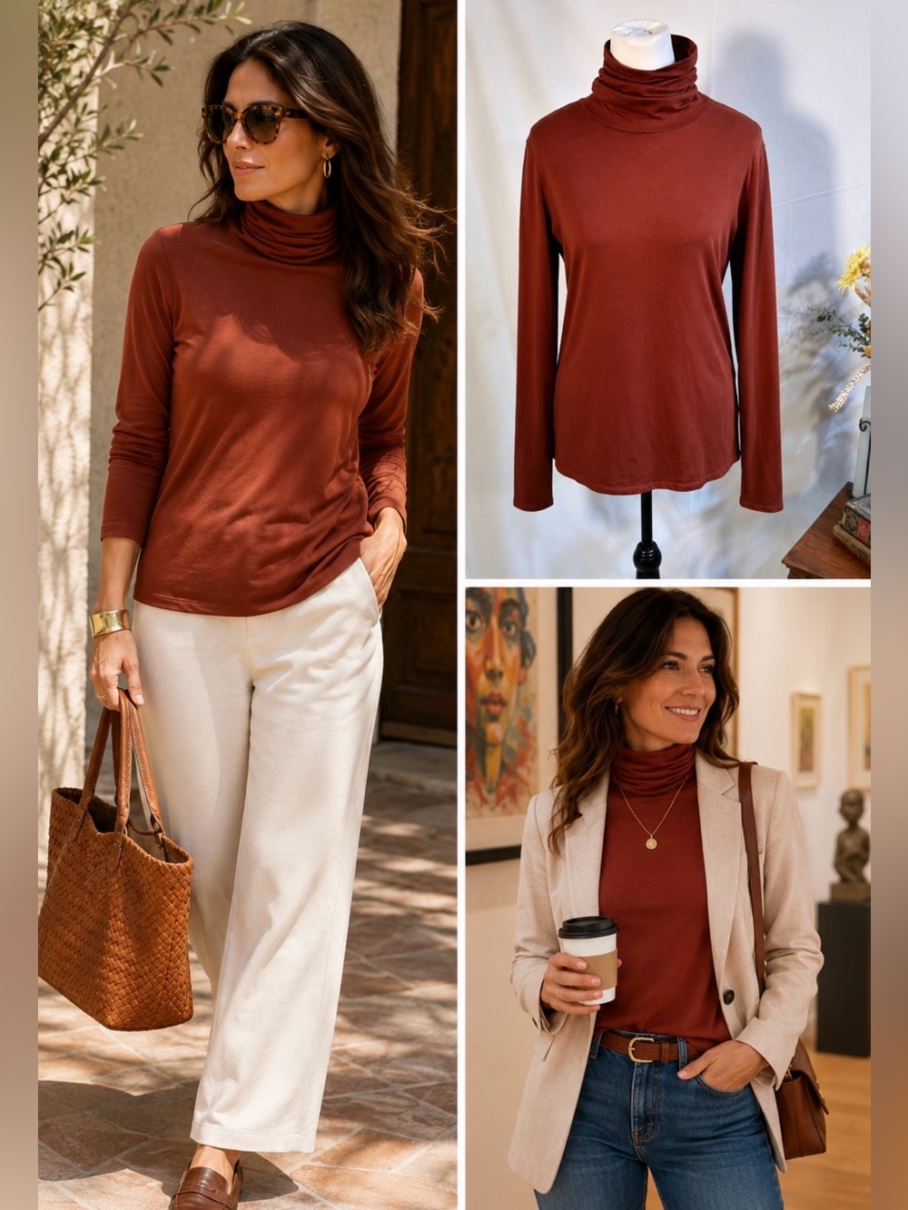 💥Peruvian Connection Extreme T-Neck Terracotta Pima Cotton Stretch Top Sz M🧡